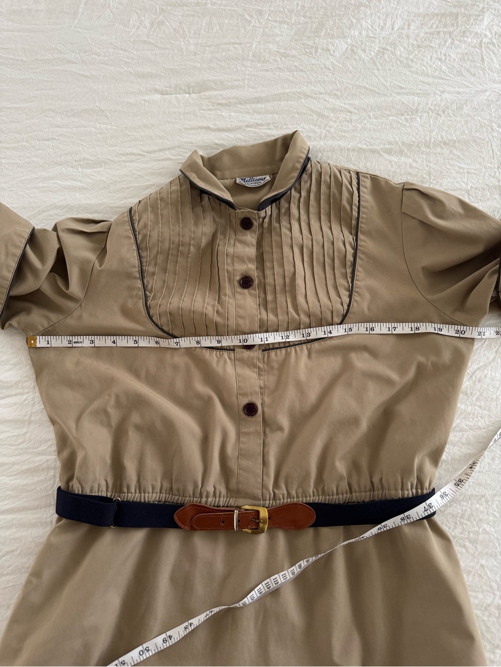 Vintage Millicent California Khaki Shirt Dress Pintuck Bib Puff Sleeve - Picture 8 of 9